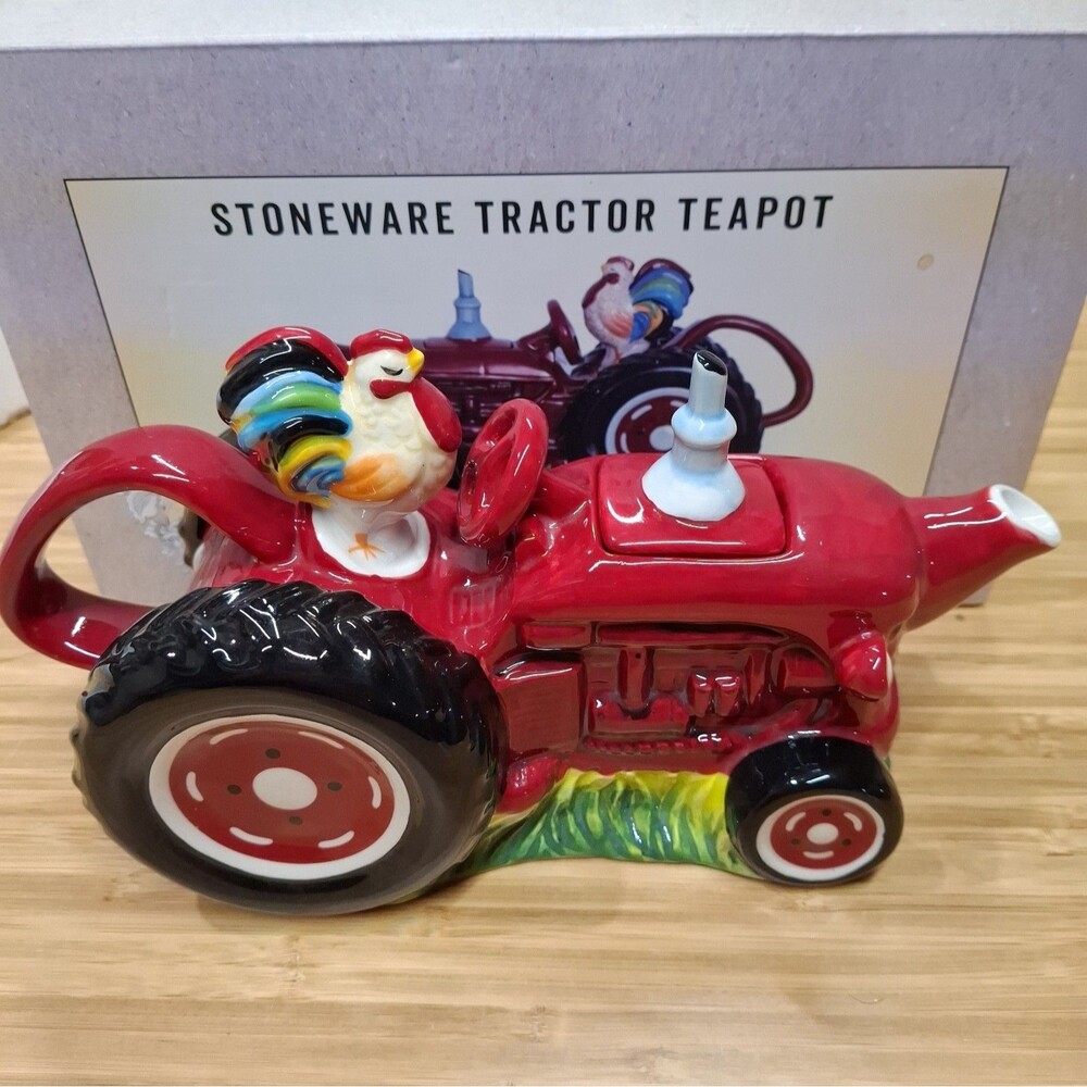 Cracker Barrel Stoneware Red Tractor Teapot w/ Lid, Farm Novelty Glossy
